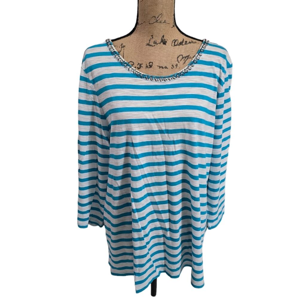 Chico's Aqua and White Striped‎ Tied Neck Super Soft Stretch Tunic Size 3 XL